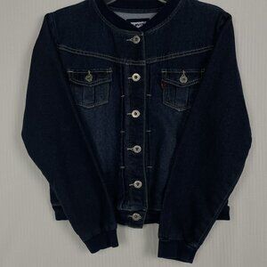 Levis Denim Jacket Bomber Style Collarless Button Front Blue Youth Sz LG